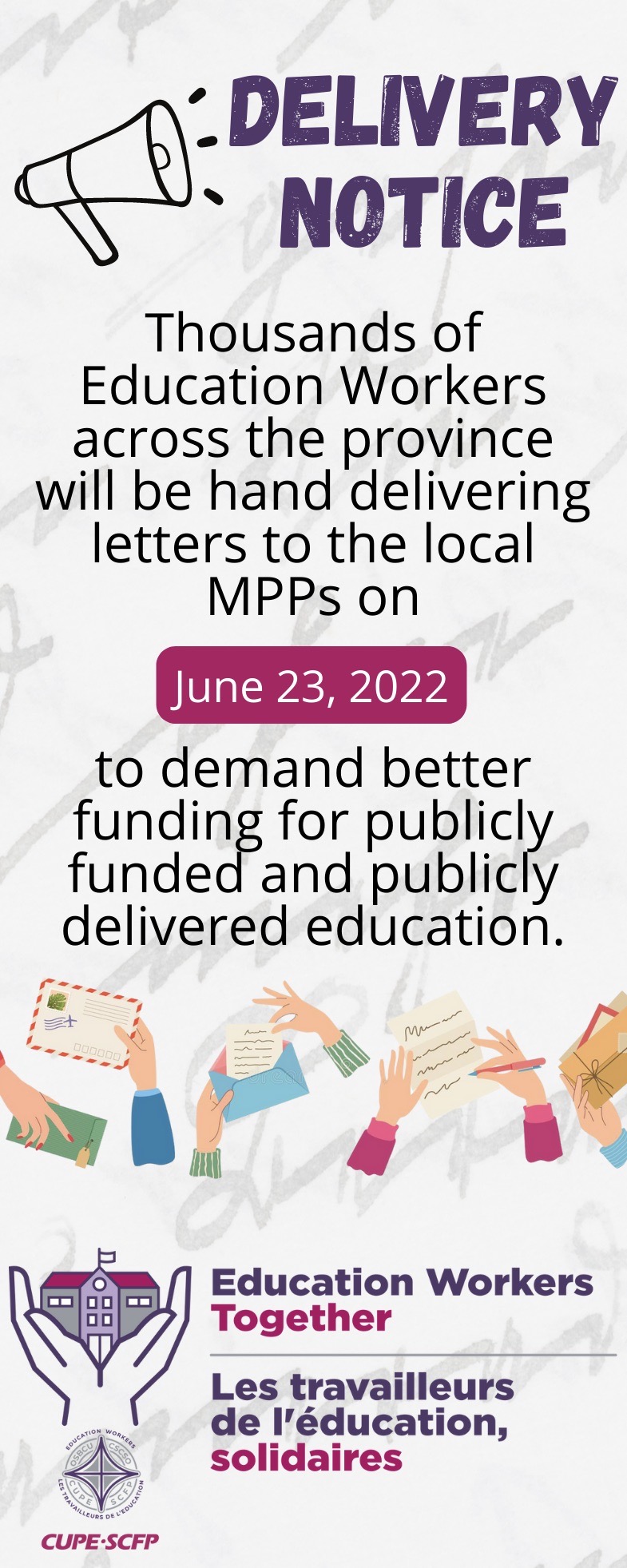23 June 2022 Education workers to deliver tens of thousands of letters to Premier Ford